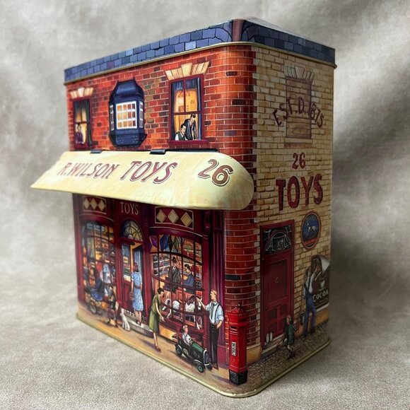 VTG Metal Tin Toy Shop Front Canister With Canopy. Dept 56 9” Tall 5”W.& D. - Picture 4 of 6